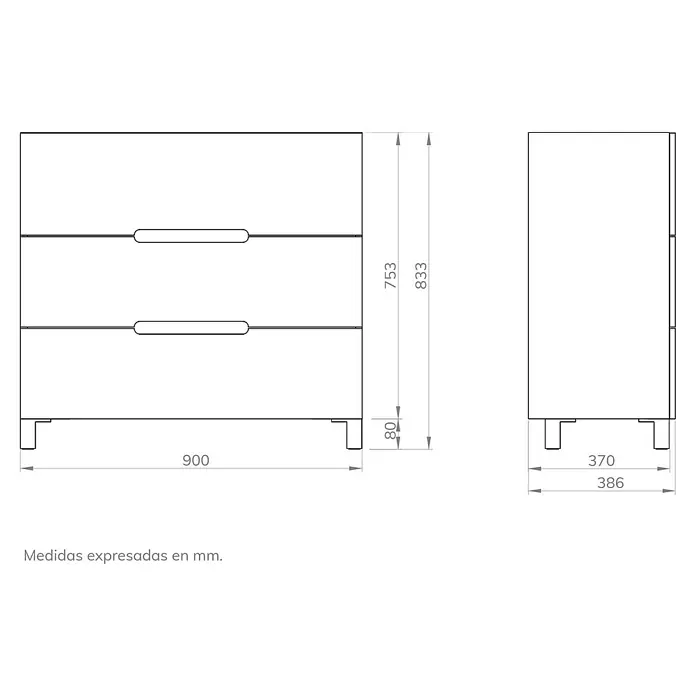 Artysan Mueble bajo de lavabo Lanza Slim - L x An x Al: 38,6 x 90 x 83,3 cm, Blanco - Dibujo de un armario con cajones, dimensiones 900x386x833 mm.
