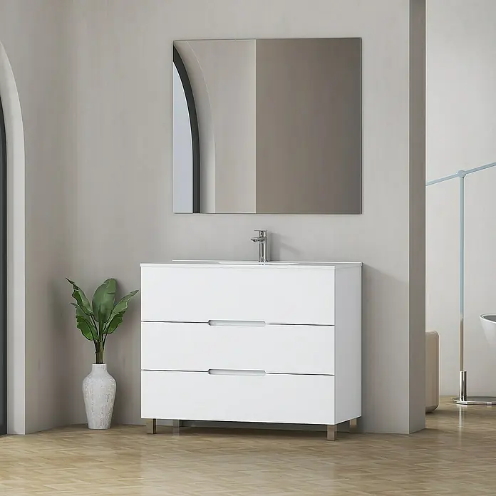 Artysan Mueble bajo de lavabo Lanza Slim - L x An x Al: 38,6 x 90 x 83,3 cm, Blanco - Elegante mueble de baño con tres cajones en blanco, combinado con un diseño minimalista y espejo rectangular para una estética moderna.