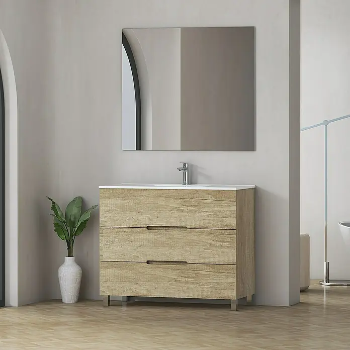 Artysan Mueble bajo de lavabo Lanza Slim - L x An x Al: 38,6 x 90 x 83,3 cm, Nature - Mueble de baño con lavabo y espejo. El mueble tiene una textura de madera clara y tres cajones con asas.