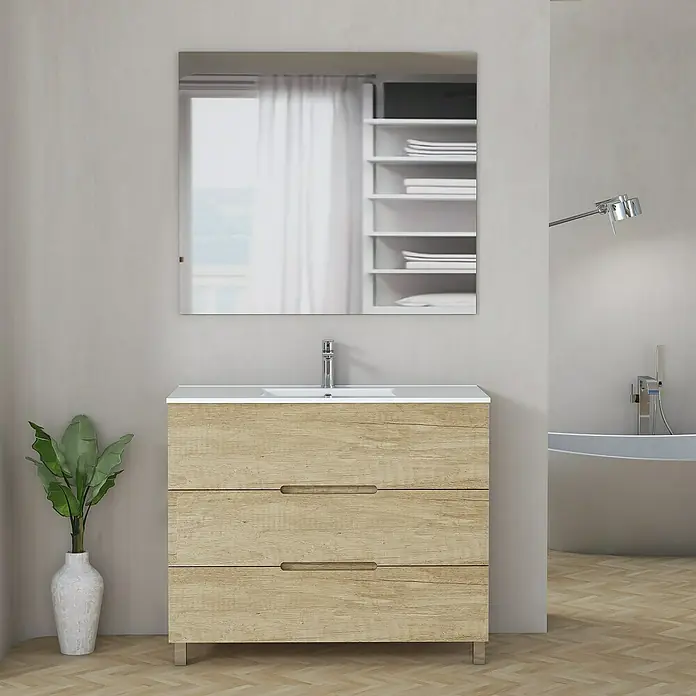 Artysan Mueble bajo de lavabo Lanza Slim - L x An x Al: 38,6 x 90 x 83,3 cm, Nature - Mueble de baño con tres cajones y encimera de lavabo, ideal para baños modernos.