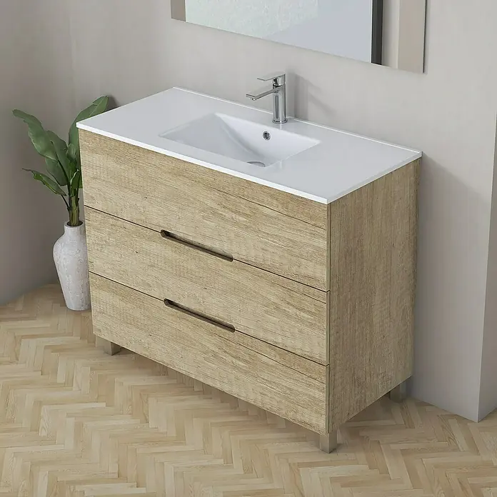 Artysan Mueble bajo de lavabo Lanza Slim - L x An x Al: 38,6 x 90 x 83,3 cm, Nature - Un tocador moderno con tres cajones con aspecto de madera y un lavabo blanco. Está sobre patas plateadas.