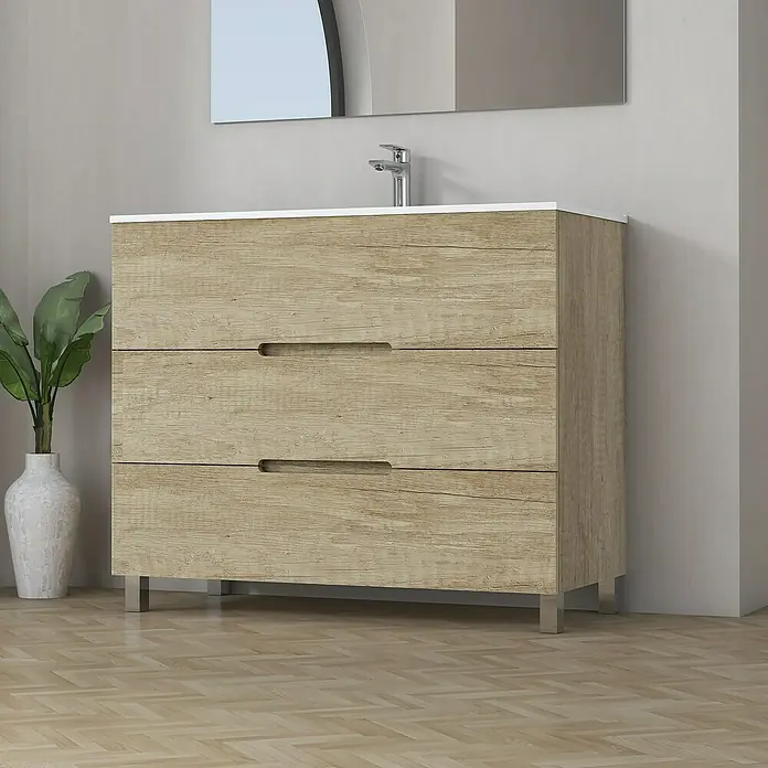 Artysan Mueble bajo de lavabo Lanza Slim - L x An x Al: 38,6 x 90 x 83,3 cm, Nature - Mueble de baño en tono madera con tres cajones, lavabo blanco y diseño moderno, perfecto para el baño.