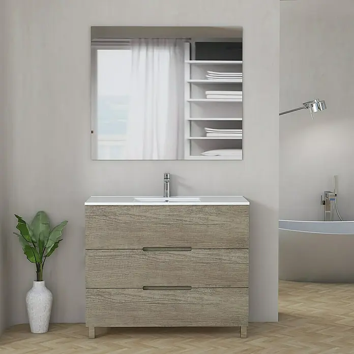 Artysan Mueble bajo de lavabo Lanza Slim - L x An x Al: 38,6 x 90 x 83,3 cm, Nebraska - Lavabo de baño moderno con tres cajones y un gran espejo que refleja una estantería al fondo.
