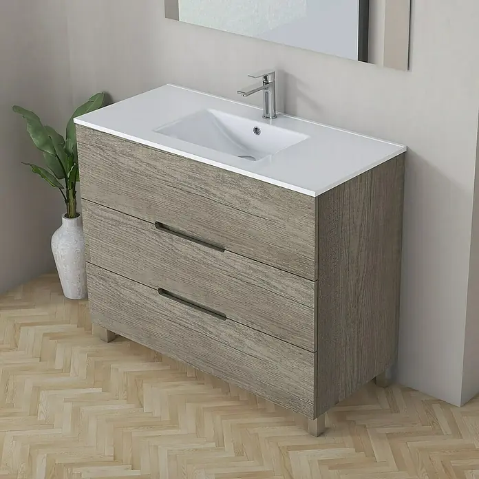 Artysan Mueble bajo de lavabo Lanza Slim - L x An x Al: 38,6 x 90 x 83,3 cm, Nebraska - Elegante mueble de baño con aspecto de madera, lavabo sobre encimera blanco y grifo cromado.