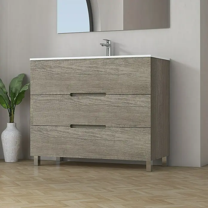 Artysan Mueble bajo de lavabo Lanza Slim - L x An x Al: 38,6 x 90 x 83,3 cm, Nebraska - Imagen de un mueble de baño de madera con lavabo y espejo, que muestra un diseño moderno y elegante.