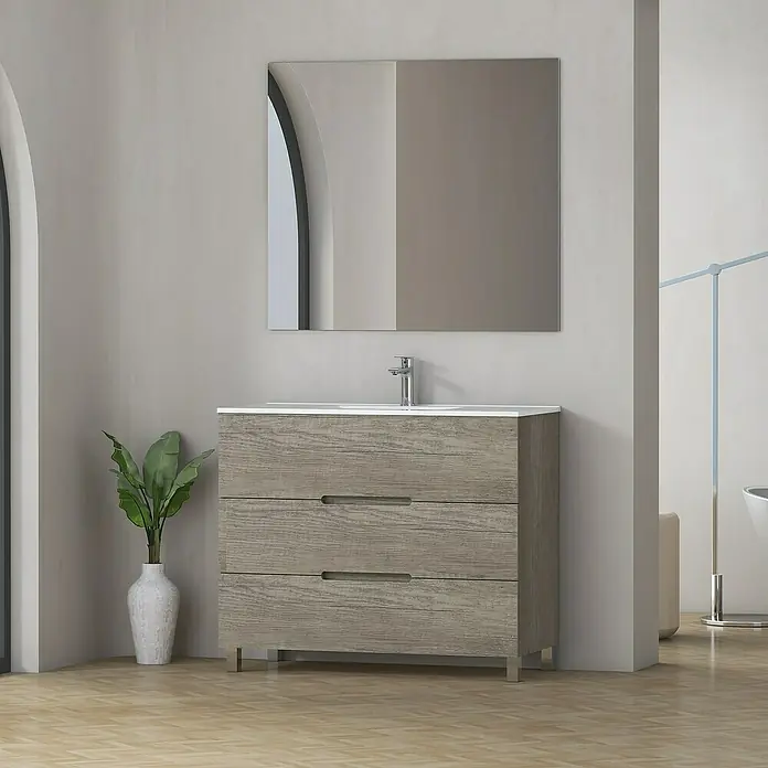 Artysan Mueble bajo de lavabo Lanza Slim - L x An x Al: 38,6 x 90 x 83,3 cm, Nebraska - Mueble de baño moderno con tres cajones y espejo. Diseño elegante para un ambiente de baño con estilo.
