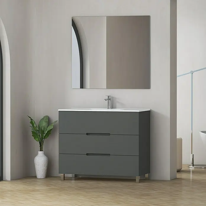 Artysan Mueble bajo de lavabo Lanza - An x Pr x Al: 100 x 44,6 x 83,3 cm, Gris - Mueble de baño gris con tres cajones, lavabo sobre encimera blanco y espejo rectangular para un diseño de baño moderno.