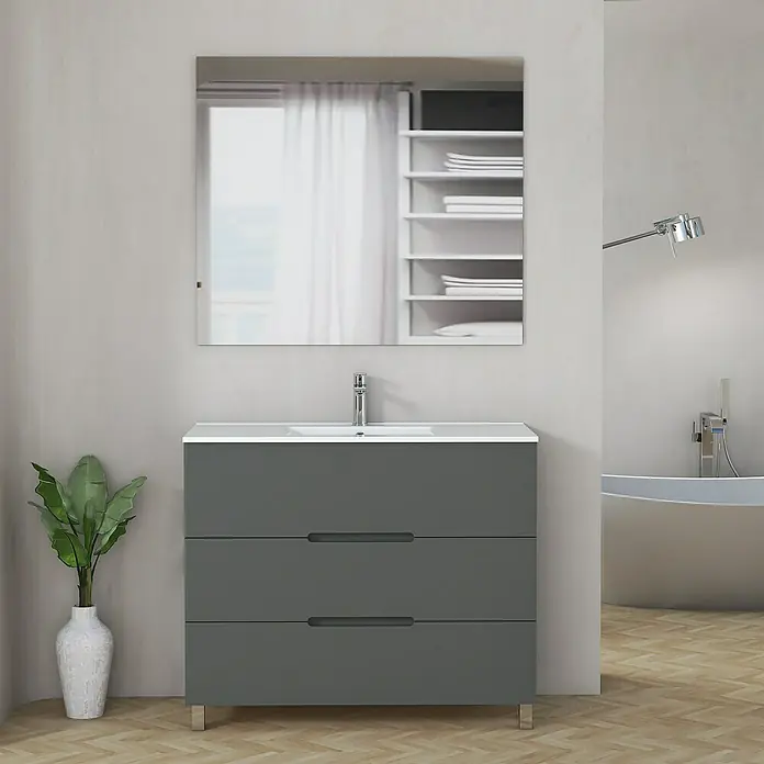 Artysan Mueble bajo de lavabo Lanza - An x Pr x Al: 100 x 44,6 x 83,3 cm, Gris - Lavabo de baño moderno con tres cajones en gris y un espejo. El lavabo ofrece un espacio de almacenamiento práctico en el baño.