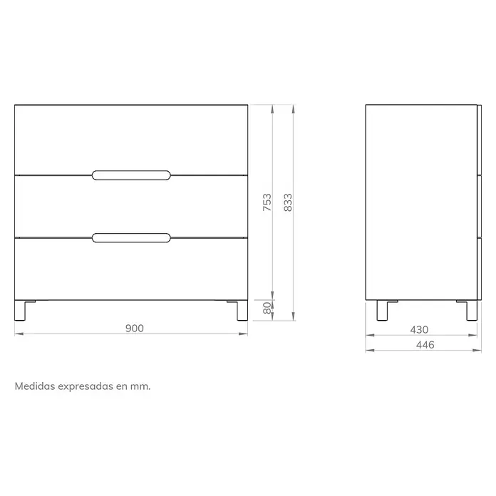 Artysan Mueble bajo de lavabo Lanza - An x Pr x Al: 90 x 44,6 x 83,3 cm, Nature - Ilustración de una cómoda con cajones y dimensiones para especificaciones del producto. Diseño simple con soluciones prácticas.