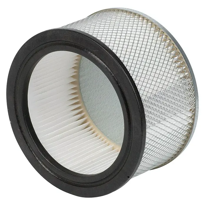 PowerPlus Filtro para aspirador de cenizas POWX312A - Específico para: Limpiador de cenizas POWX312 - Un filtro de aire cilíndrico con goma negra y material filtrante blanco se muestra sobre un fondo negro.