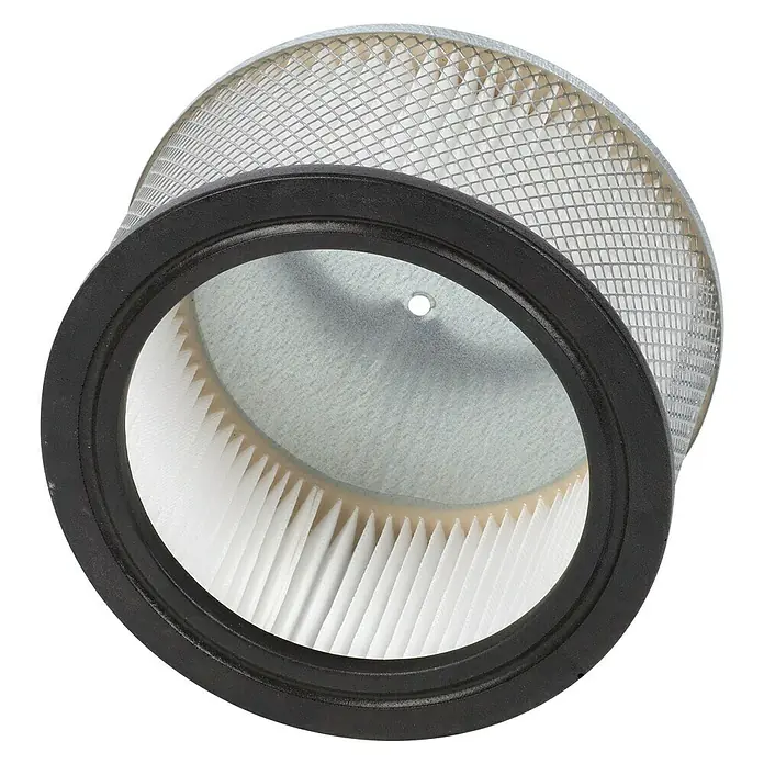 PowerPlus Filtro para aspirador de cenizas POWX312A - Específico para: Limpiador de cenizas POWX312 - Primer plano de un filtro de aire cilíndrico con borde negro, aislado sobre un fondo negro, para necesidades de mantenimiento del vehículo.