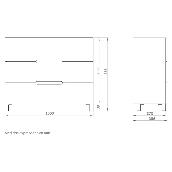 Artysan Mueble bajo de lavabo Lanza Slim - L x An x Al: 38,6 x 100 x 83,3 cm, Blanco - Vista del producto: Una cómoda con dos cajones de 1000 mm de ancho y 833 mm de alto, con vista lateral y dimensiones detalladas.