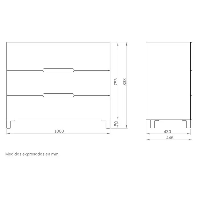 Artysan Mueble bajo de lavabo Lanza - An x Pr x Al: 100 x 44,6 x 83,3 cm, Nature - Ilustración de una cómoda con dos cajones y dimensiones de 1000x446x833 mm. La cómoda está sobre pies pequeños y tiene manijas largas y estrechas.