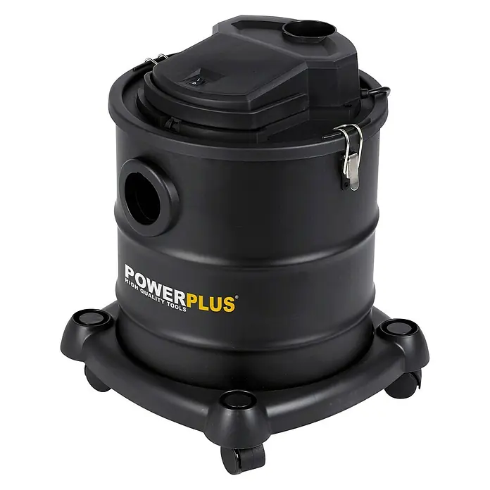 PowerPlus Aspirador de cenizas eléctrico POWX308 - 1.200 W, Volumen de recipiente: 20 l, Sin bolsa - Imagen de un aspirador en seco y húmedo Powerplus negro con un logotipo amarillo sobre un fondo negro.