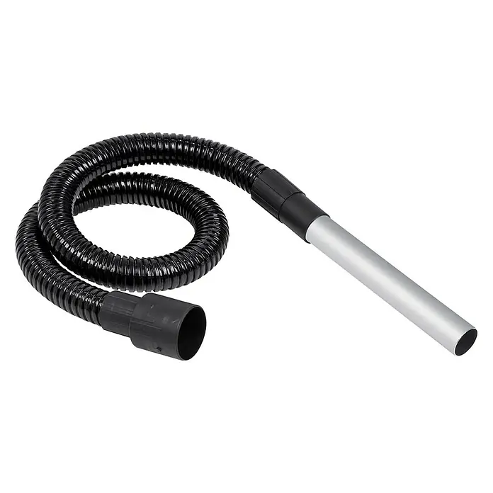 PowerPlus Aspirador de cenizas eléctrico POWX308 - 1.200 W, Volumen de recipiente: 20 l, Sin bolsa - Una manguera de aspiradora negra y flexible con una pieza final plateada y un conector oscuro.