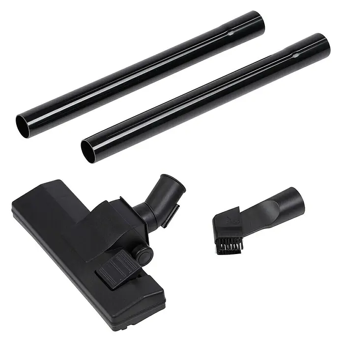 PowerPlus Aspirador de cenizas eléctrico POWX308 - 1.200 W, Volumen de recipiente: 20 l, Sin bolsa - Esta imagen muestra un conjunto de accesorios para aspiradora con boquillas y tubos de extensión en negro. Ideal para limpiar diversas superficies.