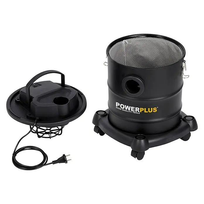 PowerPlus Aspirador de cenizas eléctrico POWX308 - 1.200 W, Volumen de recipiente: 20 l, Sin bolsa - Aspirador de taller Powerplus negro con tapa desmontable y accesorios para tareas de limpieza eficientes.