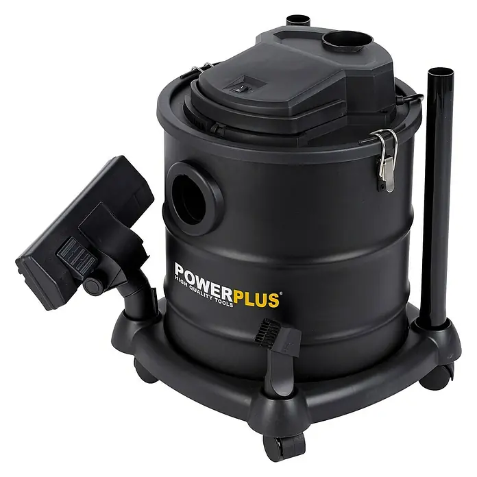PowerPlus Aspirador de cenizas eléctrico POWX308 - 1.200 W, Volumen de recipiente: 20 l, Sin bolsa - Imagen de una aspiradora Powerplus para sólidos y líquidos negra con accesorios sobre un fondo negro.
