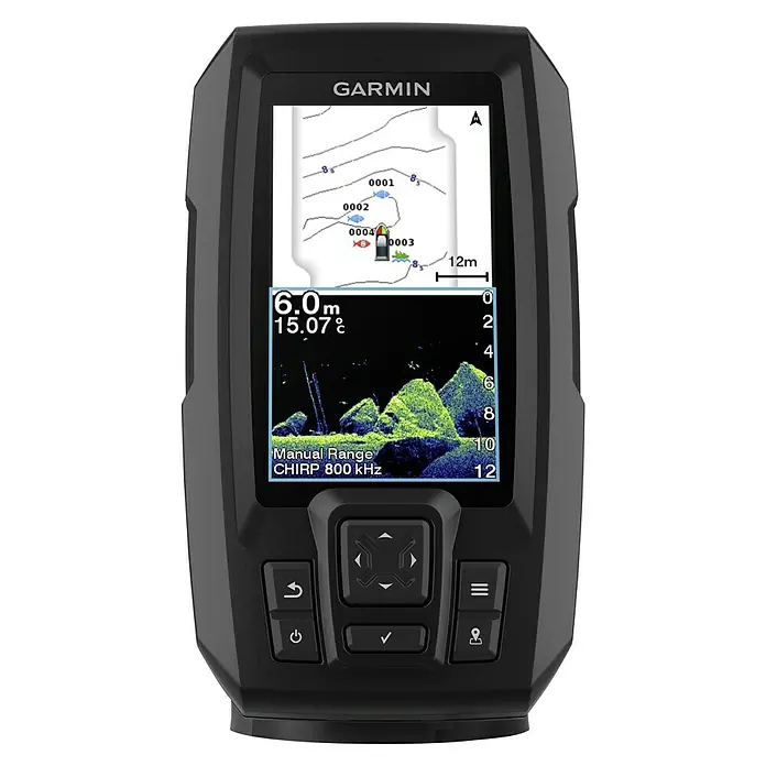 Garmin Fishfinder Striker Vivid 4cv - Geber: GT20 Geber, Bildschirmtyp: WVGA-Farbdisplay - Ein Garmin Fishfinder mit detaillierter Sonaransicht und Kartendarstellung für präzises Angeln.
