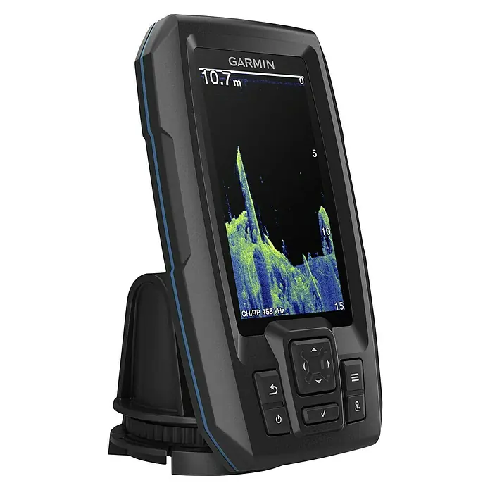 Garmin Fishfinder Striker Vivid 4cv - Geber: GT20 Geber, Bildschirmtyp: WVGA-Farbdisplay - Nahaufnahme eines Garmin-Echolots mit klarer Anzeige von Fischinformationen und intuitiver Tastensteuerung für einfache Bedienung.
