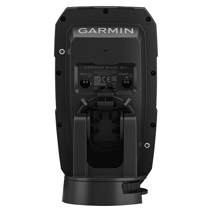 Garmin Fishfinder Striker Vivid 4cv - Geber: GT20 Geber, Bildschirmtyp: WVGA-Farbdisplay - Rückansicht des Garmin Striker Vivid 4cv Fischfinders, der Konnektivität und Montagedetails zeigt.