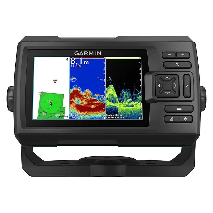Garmin Fishfinder Striker Vivid 5cv - Geber: GT20 Geber, Bildschirmtyp: WVGA-Farbdisplay - Das Garmin-Echolot zeigt Tiefeninformationen und Sonarbilder an, mit Tasten zur Bedienung an der Seite.