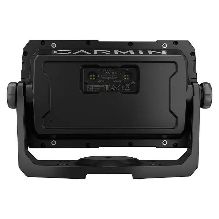 Garmin Fishfinder Striker Vivid 5cv - Geber: GT20 Geber, Bildschirmtyp: WVGA-Farbdisplay - Die Rückseite des Garmin Striker Vivid 5cv Fischfinders mit Anschlüssen für Strom und Geber, robustes Design für Angler.