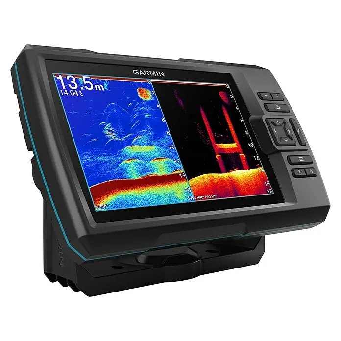 Garmin Fishfinder Striker Vivid 7cv - Geber: GT20 Geber, Bildschirmtyp: WVGA-Farbdisplay - Nahaufnahme eines Garmin-Fischfinders mit detaillierter Sonarbildanzeige und Bedienfeld. Ideal zum präzisen Navigieren beim Angeln.
