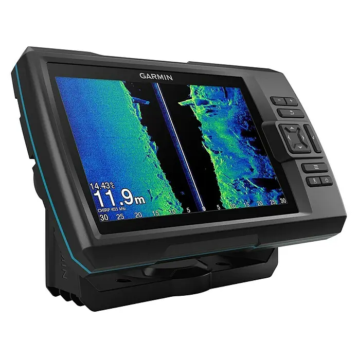 Garmin Fishfinder Striker Vivid 7sv - Geber: GT52 Geber, Bildschirmtyp: WVGA-Farbdisplay - Nahaufnahme eines Garmin-Fischfinders mit detaillierter Sonarbildschirmdarstellung und benutzerfreundlicher Tastenanordnung.