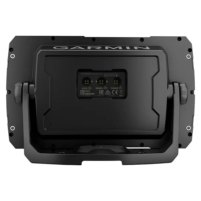 Garmin Fishfinder Striker Vivid 7sv - Geber: GT52 Geber, Bildschirmtyp: WVGA-Farbdisplay - Rückansicht des Garmin STRIKER Vivid 7sv Fischfinders, der Konnektivitätsanschlüsse und Produktinformationen zeigt.