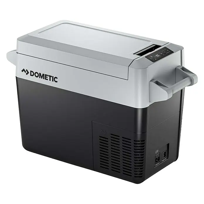 Dometic Nevera portátil con compresor CFF20 - L x An x Al: 66 x 28,3 x 43 cm, 21 l - La imagen muestra una nevera portátil Dometic en gris y negro, ideal para viajar, con asas y panel de control.