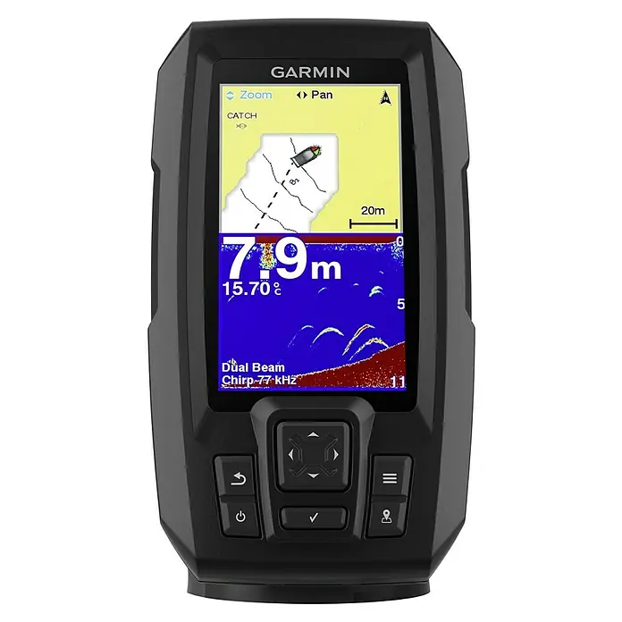 Garmin Fishfinder Striker Plus 4 - Geber: Garmin Dual-Beam Geber, Bildschirmtyp: WVGA-Farbdisplay - Das Garmin-Echolot zeigt Tiefeninformationen und Fischpositionen an und ist ein unverzichtbares Werkzeug für jeden Angler.