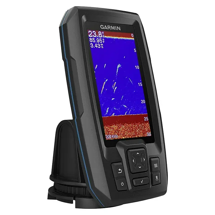 Garmin Fishfinder Striker Plus 4 - Geber: Garmin Dual-Beam Geber, Bildschirmtyp: WVGA-Farbdisplay - Ein Garmin Fischfinder mit klarem Display und intuitiven Bedienelementen für präzise Unterwassererkundungen.
