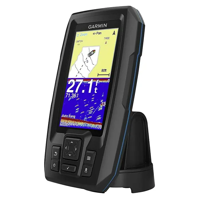 Garmin Fishfinder Striker Plus 4 - Geber: Garmin Dual-Beam Geber, Bildschirmtyp: WVGA-Farbdisplay - Nahaufnahme eines Garmin Fishfinder-Geräts mit detaillierten Sonar- und GPS-Funktionen für Angler.