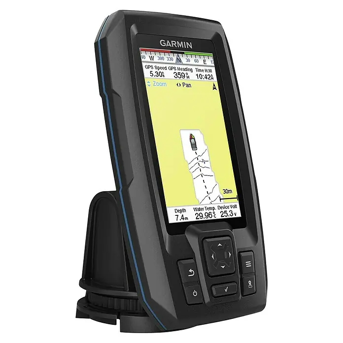 Garmin Fishfinder Striker Plus 4 - Geber: Garmin Dual-Beam Geber, Bildschirmtyp: WVGA-Farbdisplay - Nahaufnahme eines Garmin-Fischfinders mit detaillierten Navigationsdaten und einer klaren Anzeige des Sonarbildschirms.