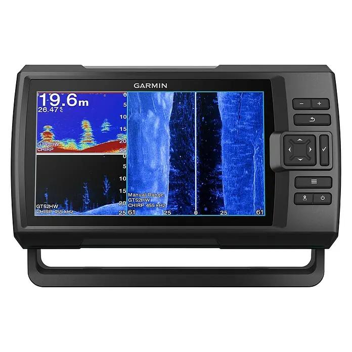 Garmin Fishfinder Striker Vivid 9sv - Geber: GT52 Geber, Bildschirmtyp: WVGA-Farbdisplay - Detailaufnahme eines Garmin-Geräts zur Fischortung mit detaillierten Sonarbildern und Bedienelementen.