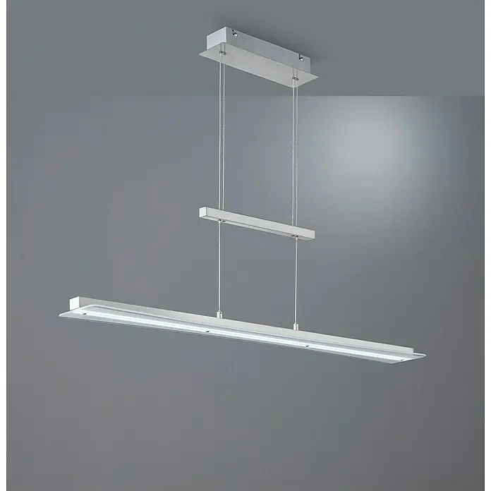 Reality Leuchten LED-Pendelleuchte Smash - 18 W, L x B x H: 12 x 100 x 150 cm, Nickel - Eine moderne, silberne Hängeleuchte mit LED-Beleuchtung, die ein elegantes und minimalistisches Design für jeden Raum bietet.