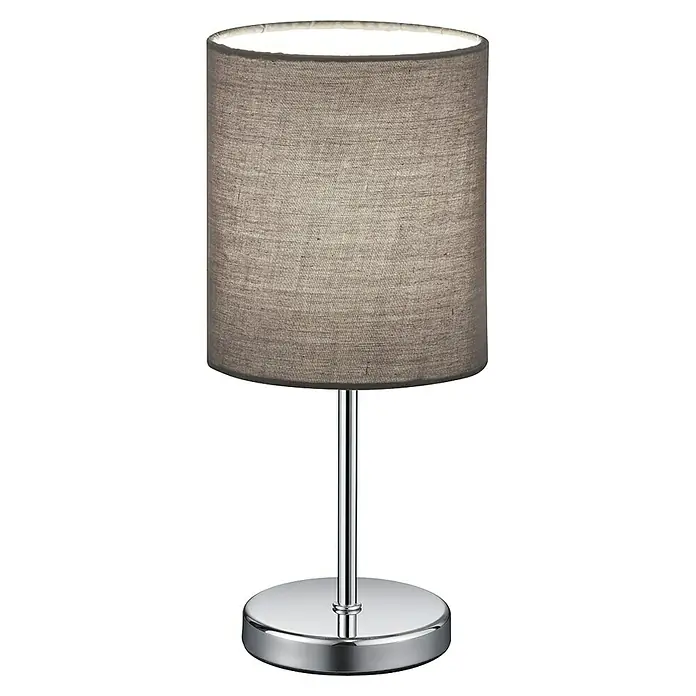 Reality Leuchten Tischleuchte rund Jerry - 40 W, Ø x H: 130 mm x 28,5 cm, Chrom, E14 - Elegante Tischleuchte mit grauem Stoffschirm und einem schlanken, verchromten Fuß, ideal für moderne Wohnräume.