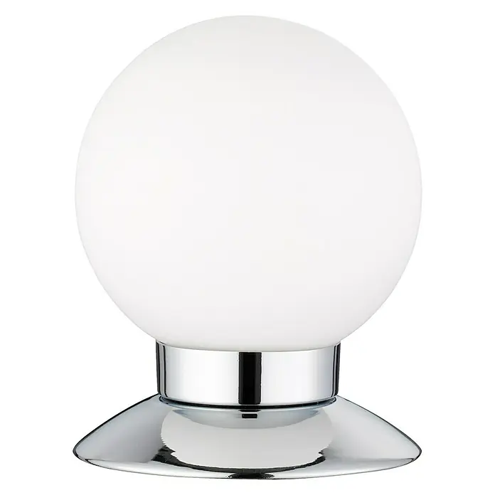 Reality Leuchten LED-Tischleuchte rund Princess - 3 W, Ø x H: 100 mm x 13 cm, Chrom, Warmweiß - Nahaufnahme einer modernen Tischleuchte mit kugelförmigem Lampenschirm und verchromtem Sockel auf schwarzem Hintergrund.