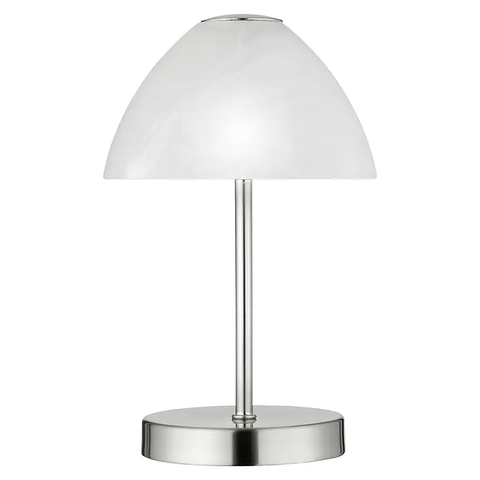 Reality Leuchten LED-Tischleuchte rund Queen - 2 W, Ø x H: 150 mm x 24 cm, Nickel - Elegante Tischleuchte mit einem runden Lampenschirm aus weißem Glas und einem schlanken, silberfarbenen Metallfuß. Das Licht ist weich und einladend.