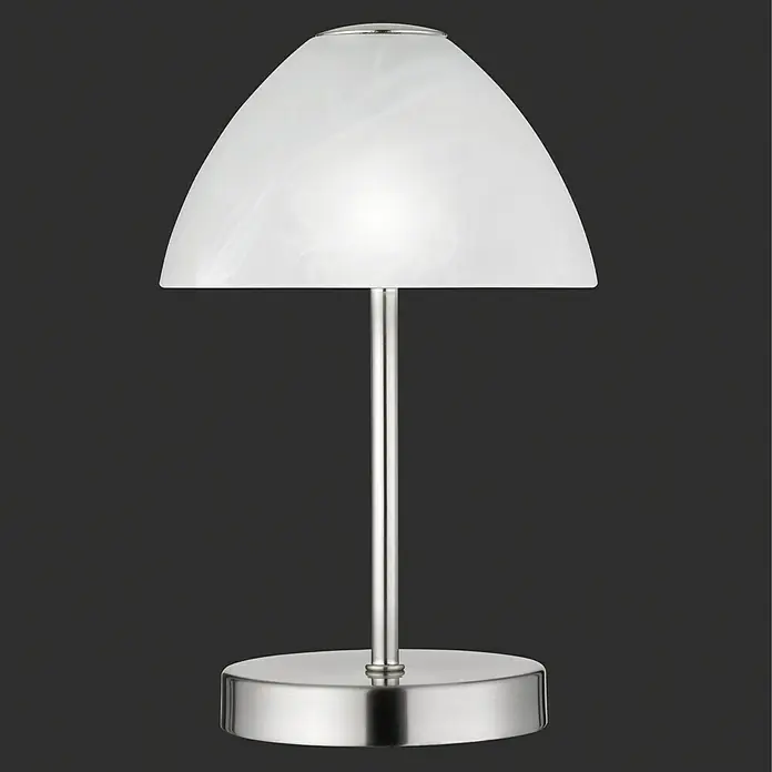 Reality Leuchten LED-Tischleuchte rund Queen - 2 W, Ø x H: 150 mm x 24 cm, Nickel - Elegante Tischleuchte mit weißem Glasschirm und silbernem Metallfuß, ideal für Nachttisch oder Schreibtisch.