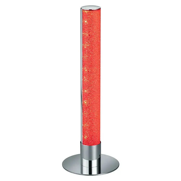 Reality Leuchten LED-Tischleuchte rund Leia - 5 W, Chrom - Nahaufnahme einer modernen roten Zylinderleuchte mit Chromsockel und glitzernder Oberfläche.