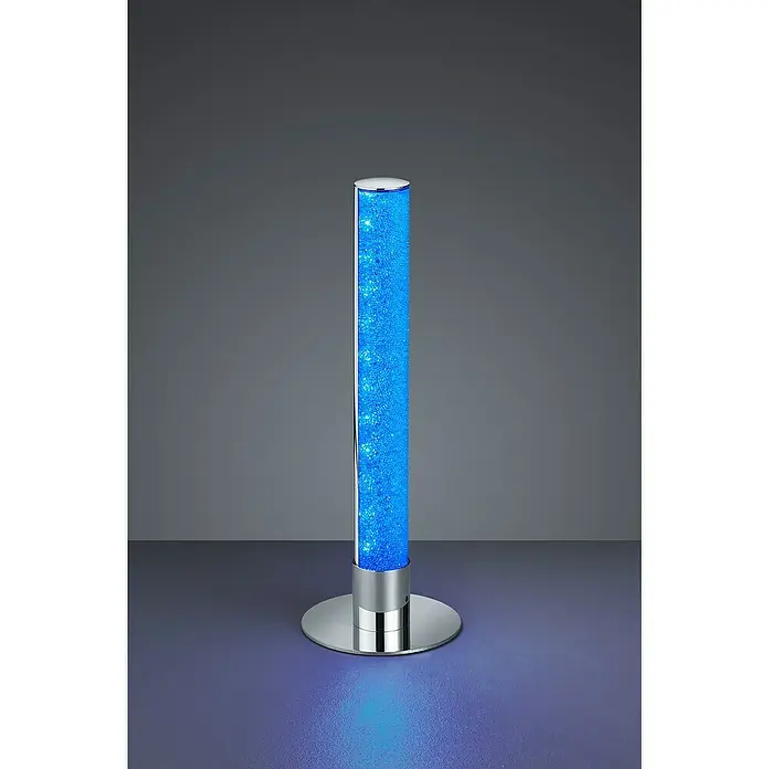 Reality Leuchten LED-Tischleuchte rund Leia - 5 W, Chrom - Nahaufnahme einer blauen Zylindersäule mit einem runden, silbernen Sockel, die als dekorative Beleuchtung dient.
