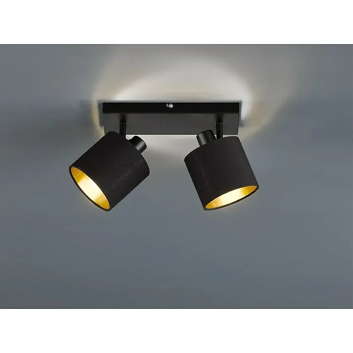 Reality Leuchten Tommy Deckenstrahler - 28 W, Höhe: 19 cm, Schwarz, E14, 2 Stk. - Schwarze Deckenleuchte mit zwei Strahlern und goldenem Interieur, die ein warmes Licht abgibt.