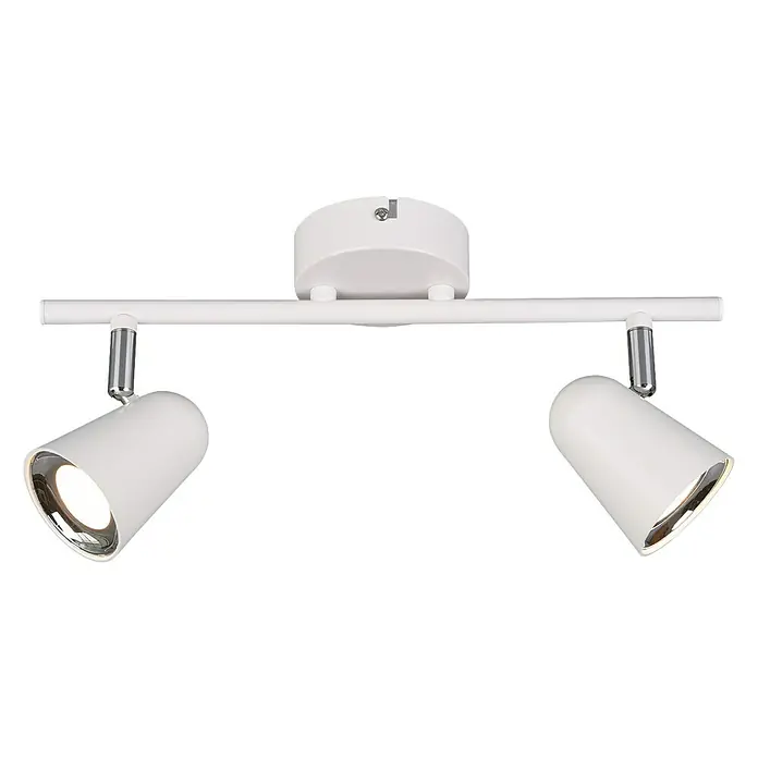 Reality Leuchten LED-Deckenstrahler Toulouse - 3 W, L x B x H: 9 x 34 x 17 cm, Weiß, Warmweiß, Anzahl Leuchtmittel: 2 Stk. - Nahaufnahme einer weißen Doppelstrahler-Deckenleuchte mit verstellbaren Spots und Chromdetails.