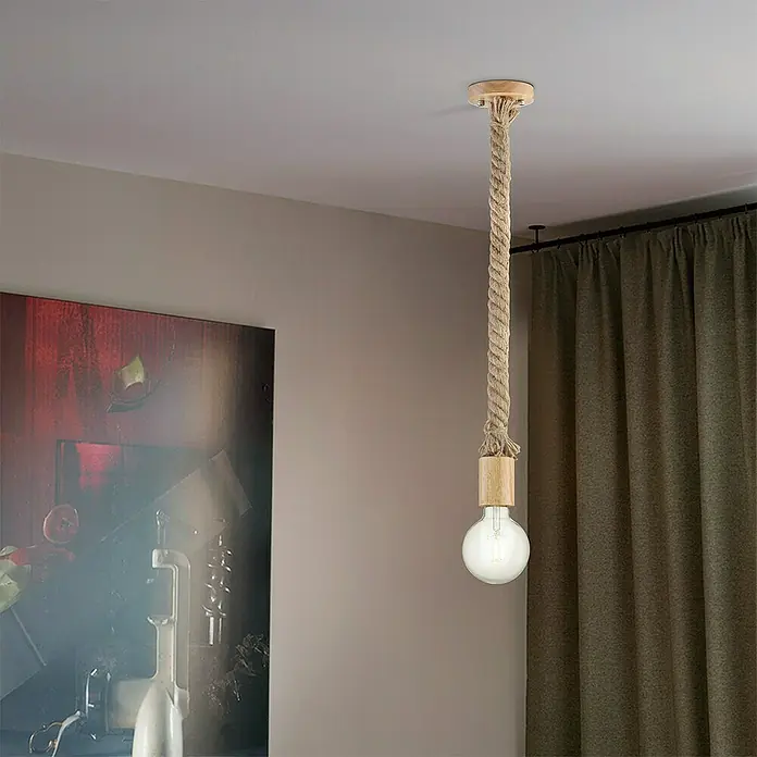 Home Sweet Home Lampenpendel Leonardo - Beige, Naturmaterialien, 115 cm, E27 - Seil-Pendelleuchte mit Holzelementen und einer dekorativen Glühbirne, die einen rustikalen Charme in den Raum bringt.