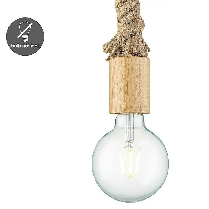 Home Sweet Home Lampenpendel Leonardo - Beige, Naturmaterialien, 115 cm, E27 - Nahaufnahme einer Pendelleuchte mit einer klaren Glühbirne und einem Holzsockel, die an einem Seil aufgehängt ist.
