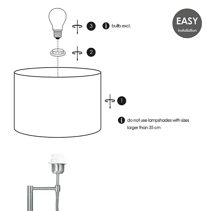 Deko-Tischleuchte Read - L x B x H: 20 x 20 x 47 cm, Mattstahl, E27 - Aufbauanleitung für eine Lampe mit Lampenschirm, inklusive Hinweisen zur Installation und maximaler Lampenschirmgröße.