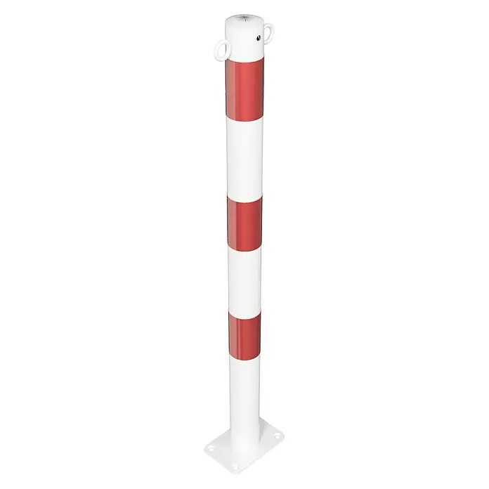 Schake Sperrpfosten - Ø x H: 60 x 900 mm, Stahl, Aufdübeln, Weiß/Rot, 2 Ösen - Weiß-roter Sicherheitspoller mit Befestigungsplatte für den Innen- und Außenbereich zur Absicherung von Wegen und Flächen.