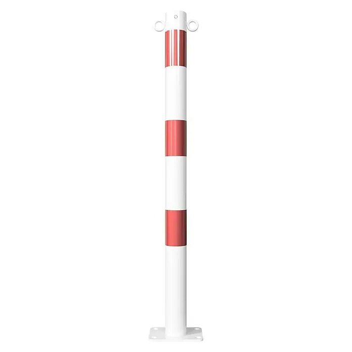 Schake Sperrpfosten - Ø x H: 60 x 900 mm, Stahl, Aufdübeln, Weiß/Rot, 2 Ösen - Eine rot-weiß gestreifte Verkehrssäule mit Ösen zur Absperrung, ideal zur Lenkung von Fußgängern und Fahrzeugen in vielen Bereichen.